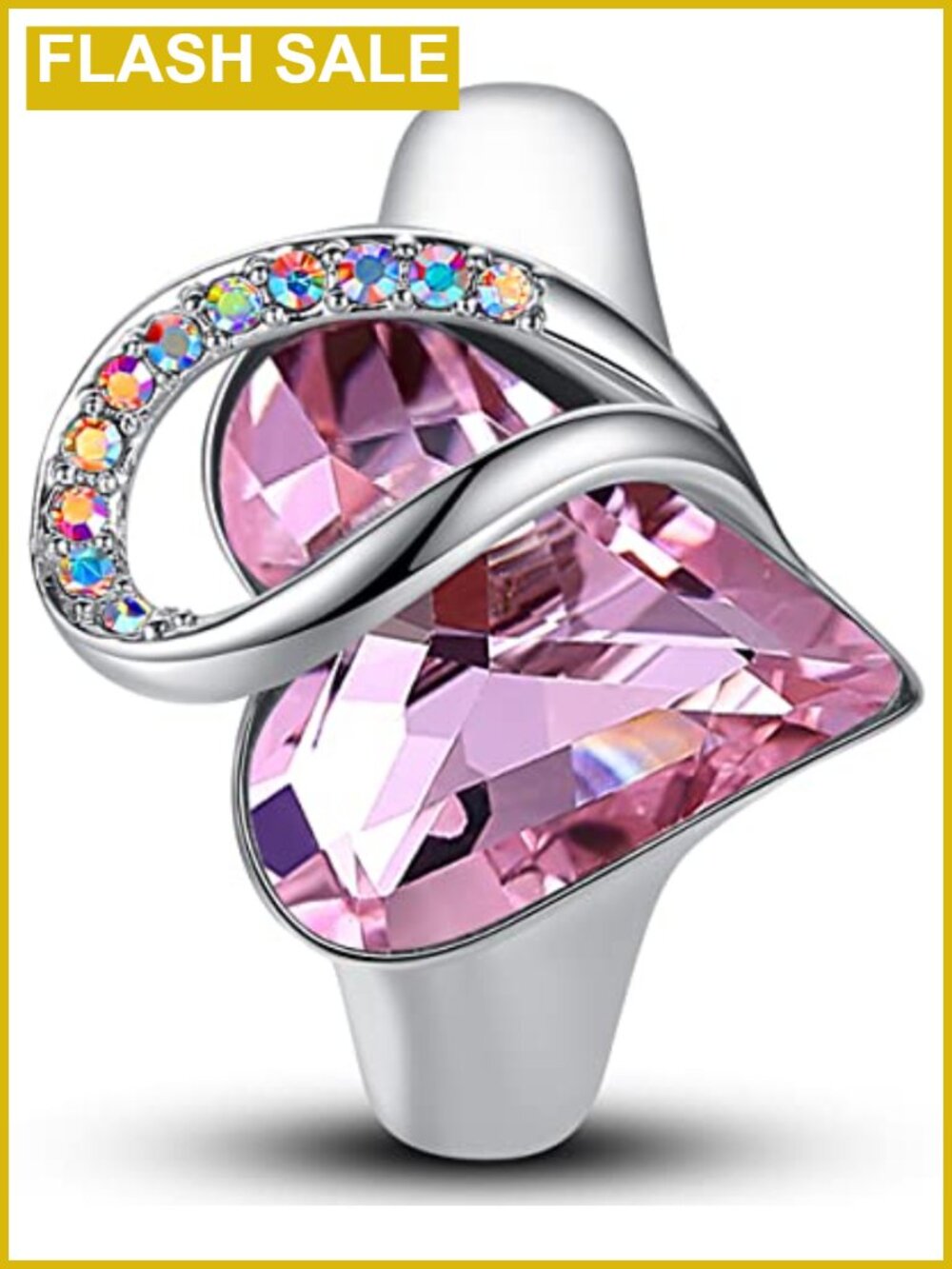 Adjustable Crystal Heart Ring 18K White Gold Plated Open End Birthstone